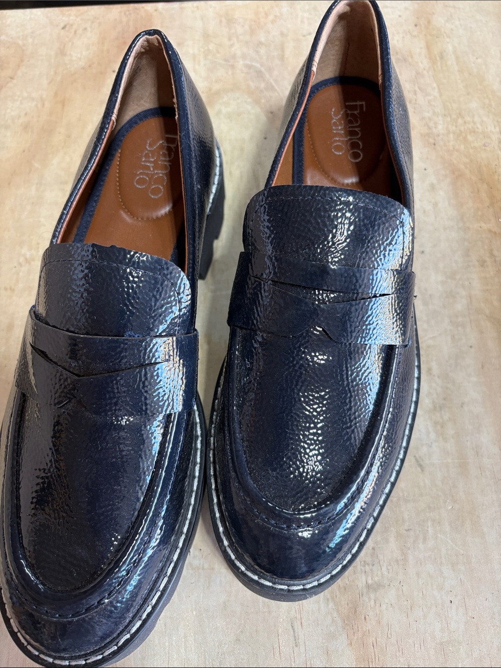Franco Sarto Navy Patent Leather Penny Loafers